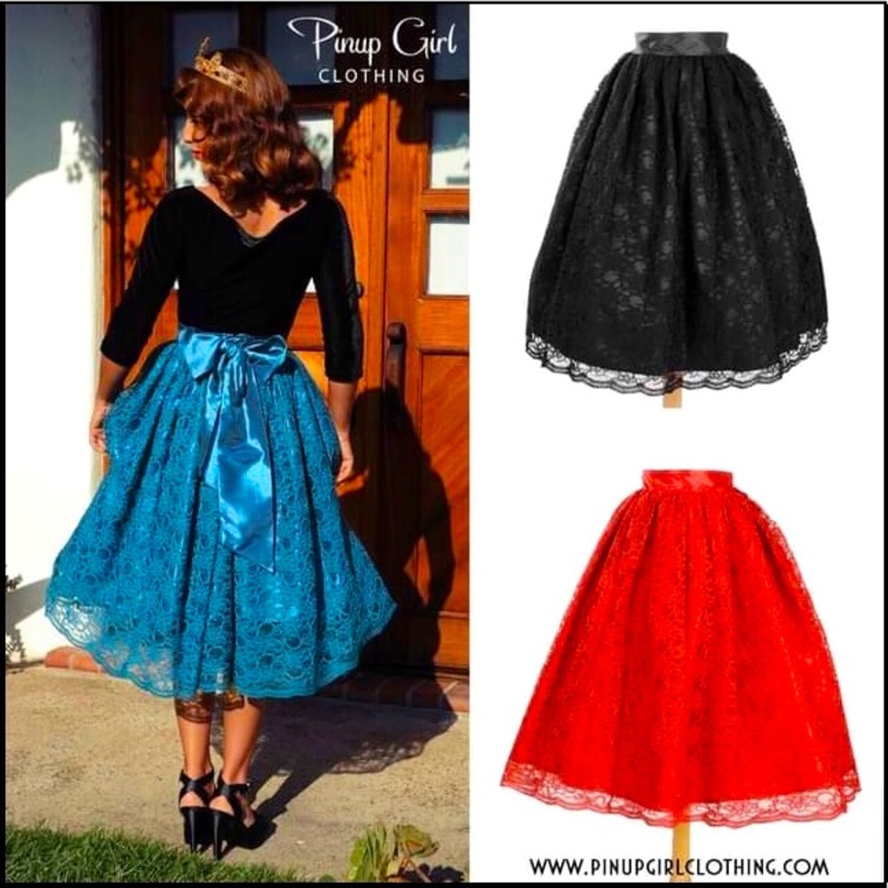 Francesca Pinup Couture Midi Lace Retro Vintage Skirt w/ Bow PUG - Black
